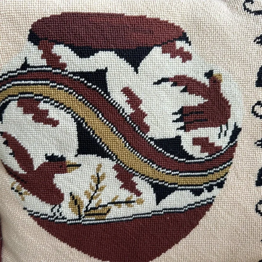 Throw Pillow Crewel Southwestern Kilim Pottery Hand Made Brown Bird Flower